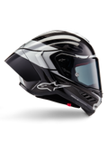Alpinestars Supertech R10 Element-hjelm, full-face motorcykelracerhjelm, sort carbon, sølv og blank sort finish, sideprofil med aerodynamisk kulfiberskal, klart visir og markant Alpinestars-branding.