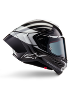 Alpinestars Supertech R10 Element-hjelm, full-face motorcykelracerhjelm, sort carbon, sølv og blank sort finish, sideprofil med aerodynamisk kulfiberskal, klart visir og markant Alpinestars-branding.