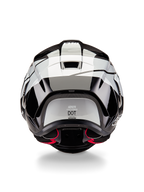 Alpinestars Supertech R10 Element hjelm, set bagfra, Black Carbon Silver Black Glossy, med aerodynamisk spoilerdesign, DOT-certificeringsmærke og røde detaljer på den indvendige polstring, professionel hovedbeskyttelse til racing
