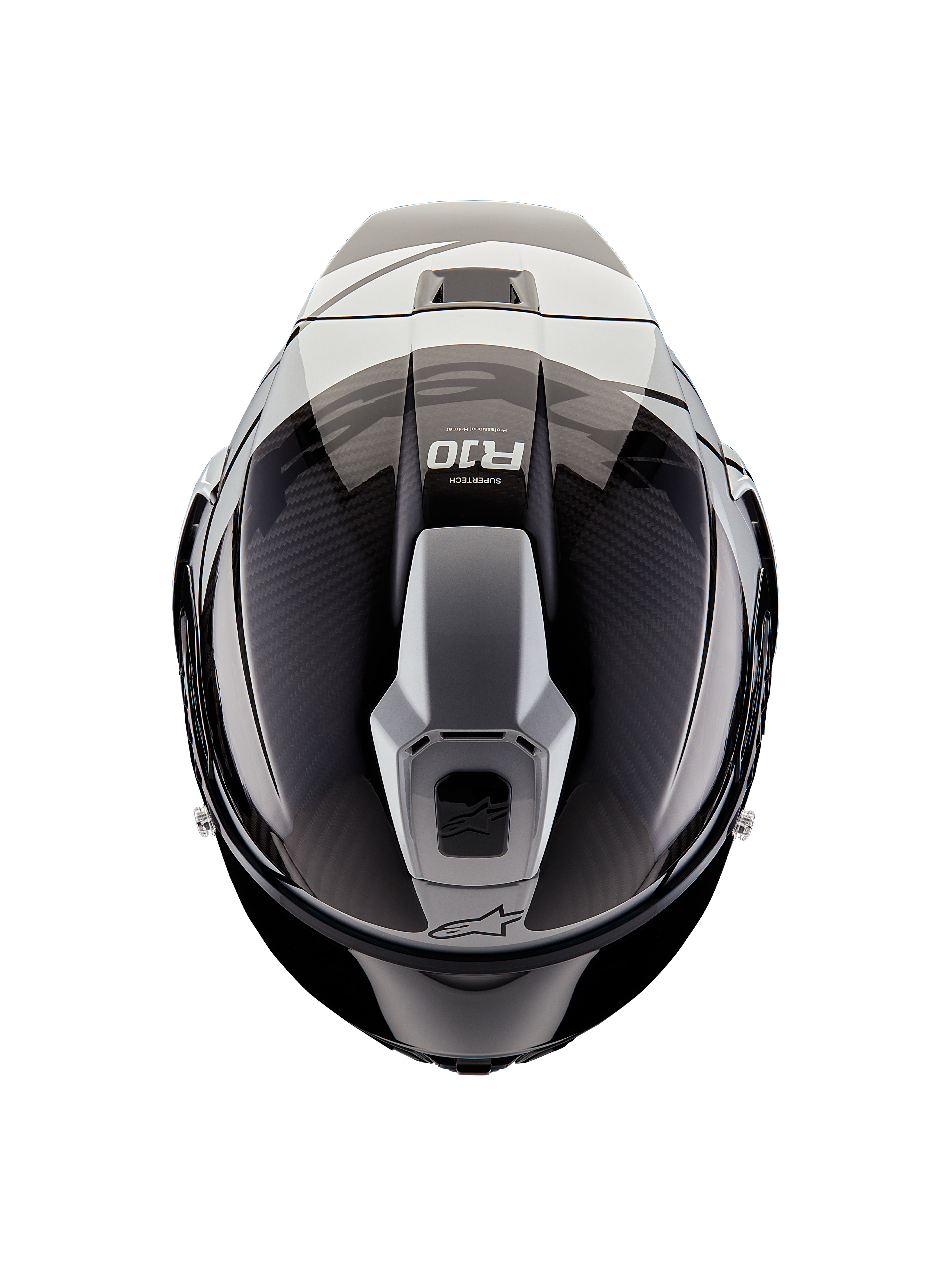 Alpinestars Supertech R10 Element-hjelm, set fra oven, Sort Carbon og Sølv, blank finish med synlig kulfibervævning, aerodynamisk ventilationsstruktur, R10-logo og Alpinestars-branding, professionel motorcykelhjelm til racing