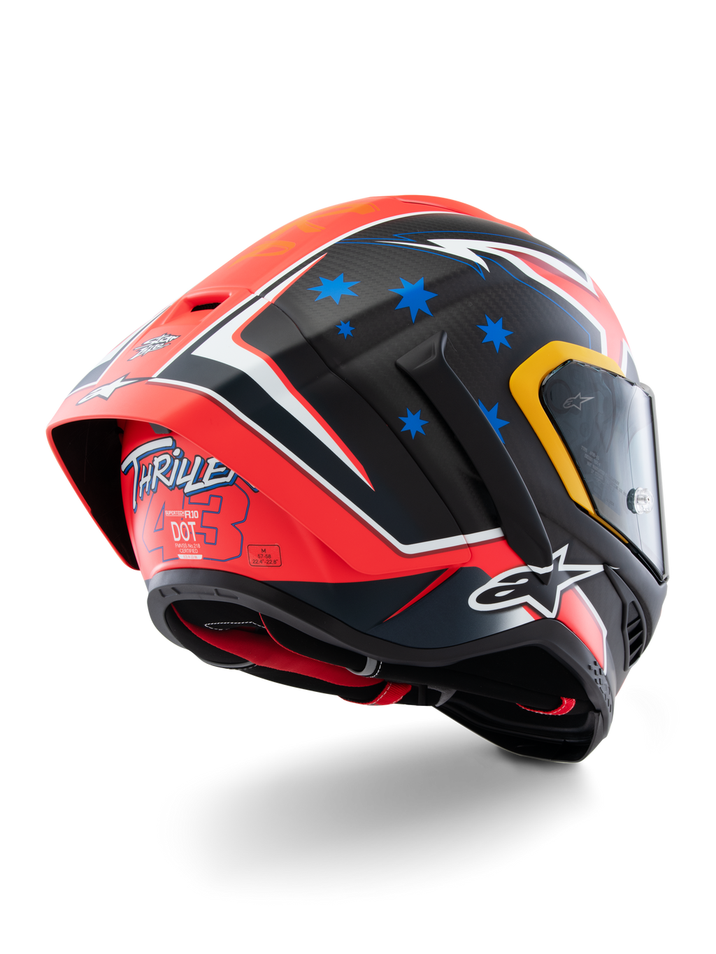 Alpinestars Supertech R10 Miller Limited Edition Hjelm, full-face racinghjelm, Carbon Red Matt med blå stjerner og hvide detaljer, 'Thriller 43' grafik på bagsiden, stor aerodynamisk spoiler, kulfiberkonstruktion