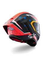 Alpinestars Supertech R10 Miller Limited Edition Hjelm, full-face racinghjelm, Carbon Red Matt med blå stjerner og hvide detaljer, 'Thriller 43' grafik på bagsiden, stor aerodynamisk spoiler, kulfiberkonstruktion