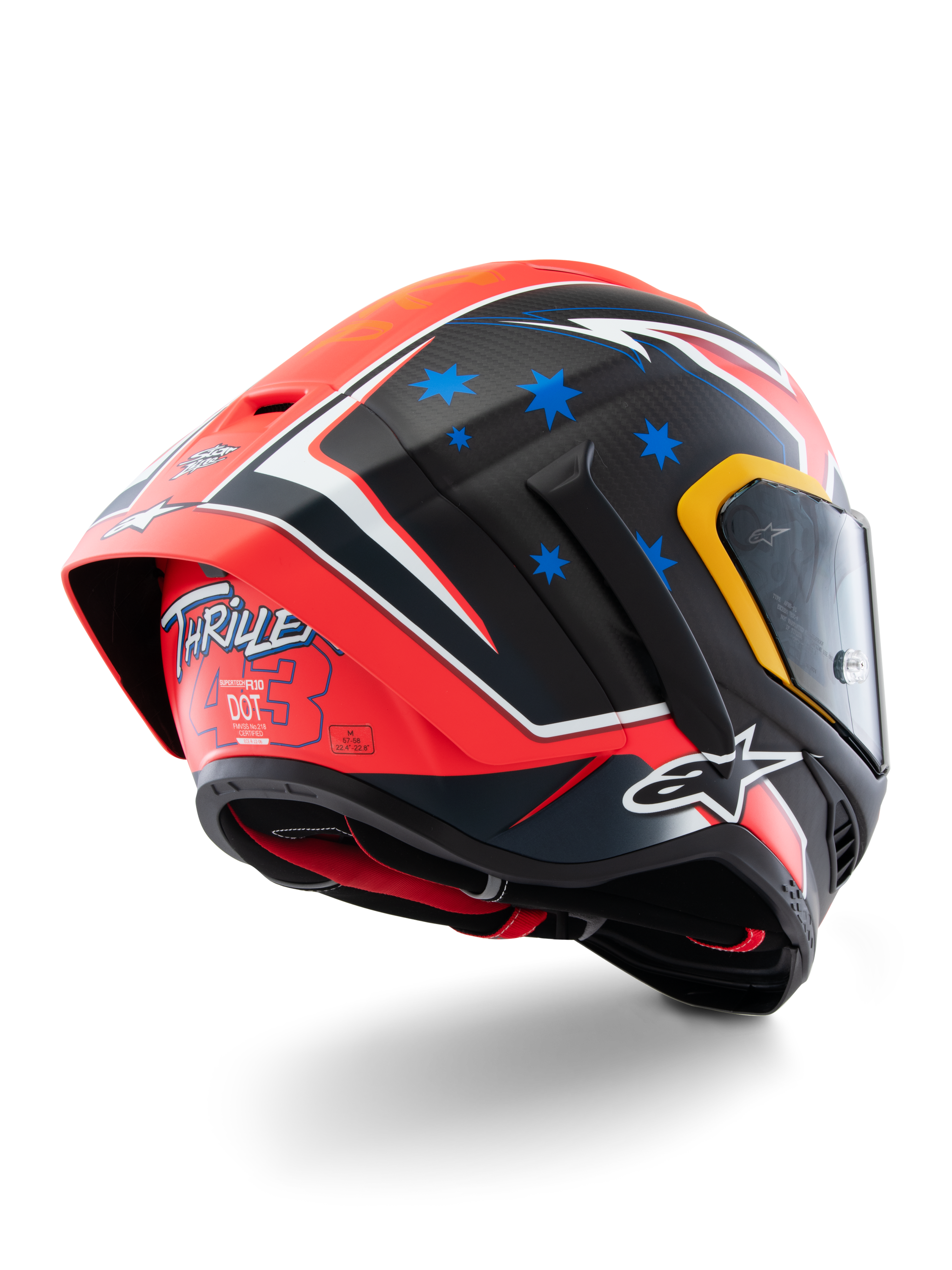 Alpinestars Supertech R10 Miller Limited Edition Hjelm, full-face racinghjelm, Carbon Red Matt med blå stjerner og hvide detaljer, 'Thriller 43' grafik på bagsiden, stor aerodynamisk spoiler, kulfiberkonstruktion