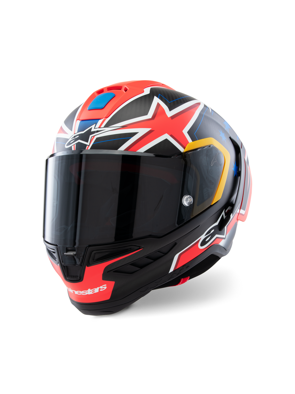 Alpinestars Supertech R10 Miller Limited Edition hjelm, full-face racerhjelm, Carbon Red Matt med røde stjerner, blå og gule grafiske accenter, mørkt røgfarvet visir, aerodynamisk carbonskal til professionelt motorcykelrace