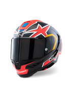 Alpinestars Supertech R10 Miller Limited Edition hjelm, full-face racerhjelm, Carbon Red Matt med røde stjerner, blå og gule grafiske accenter, mørkt røgfarvet visir, aerodynamisk carbonskal til professionelt motorcykelrace