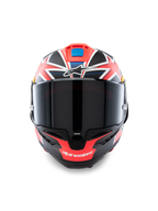 Alpinestars Supertech R10 Miller Limited Edition hjelm, set forfra, full-face racing motorcykelhjelm med Carbon Red Matt-grafik og hvide og blå detaljer, mørkt røgfarvet visir, Jack Miller signaturdesign, aerodynamisk carbonskalkonstruktion