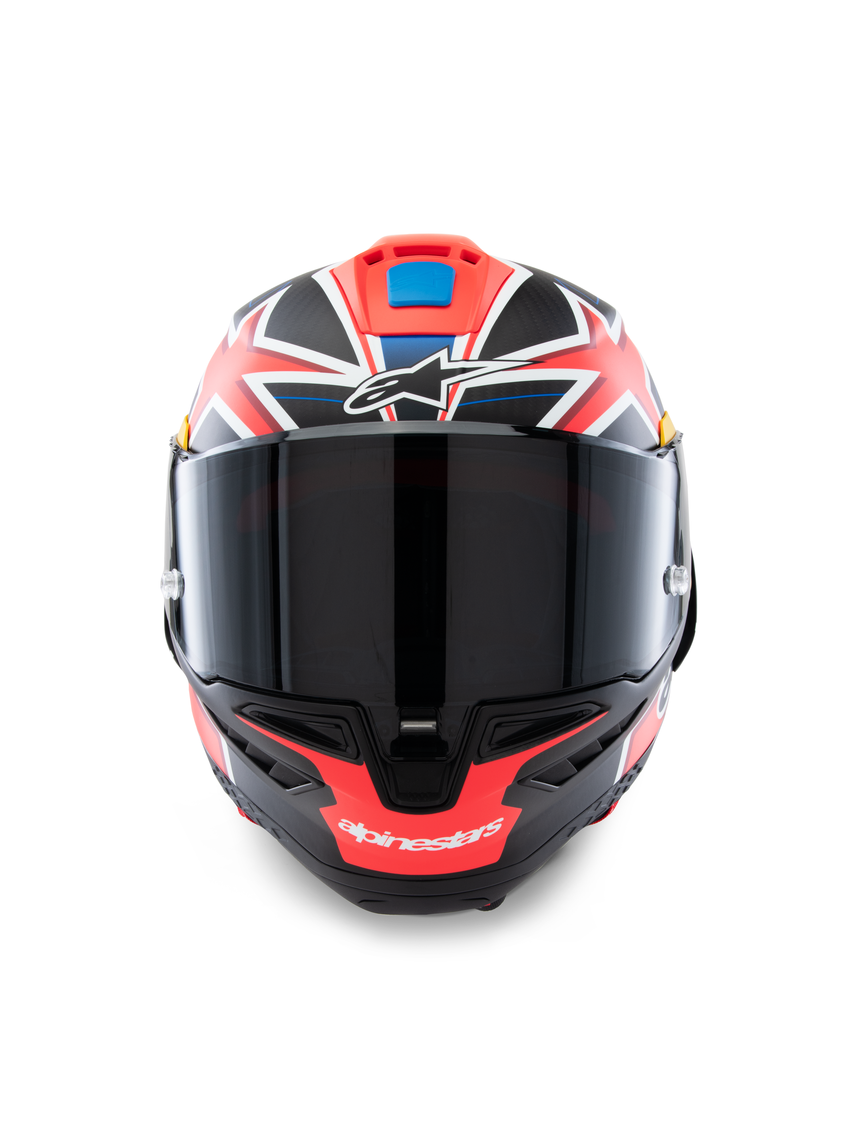 Alpinestars Supertech R10 Miller Limited Edition hjelm, set forfra, full-face racing motorcykelhjelm med Carbon Red Matt-grafik og hvide og blå detaljer, mørkt røgfarvet visir, Jack Miller signaturdesign, aerodynamisk carbonskalkonstruktion