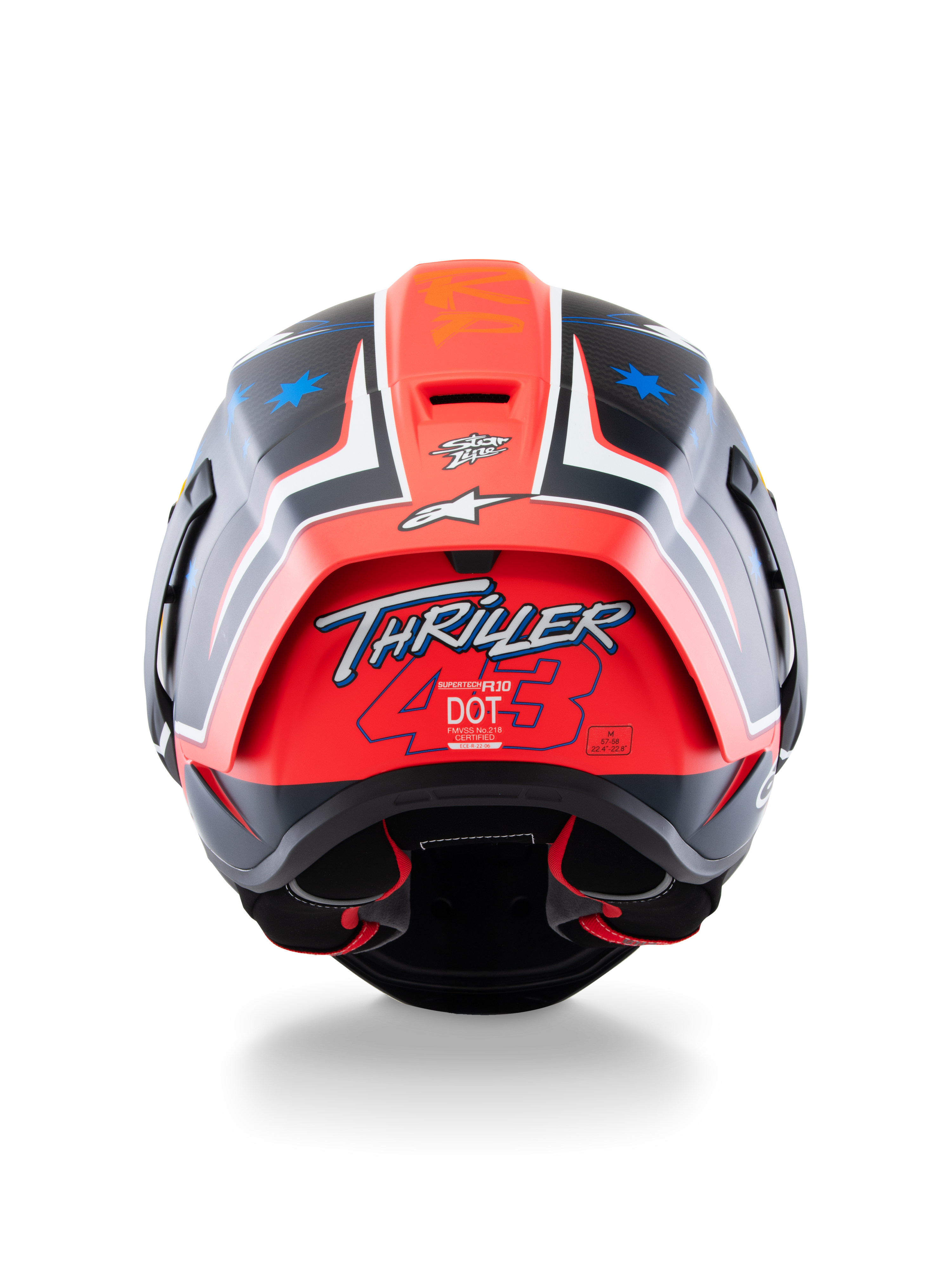 Alpinestars Supertech R10 Miller Limited Edition hjelm, full-face racerhjelm, Carbon Red Matt med blå stjernegrafik, set bagfra med fokus på 'Thriller 43'-logoet på den røde spoiler, aerodynamisk design med certificeringsmærkater