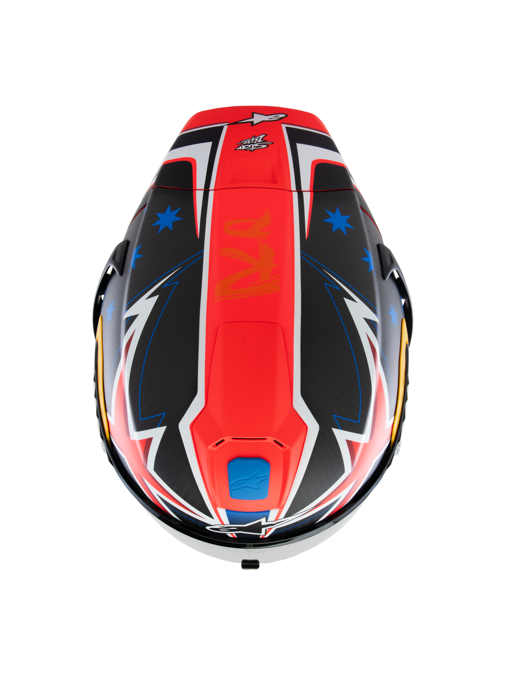 Alpinestars Supertech R10 Miller Limited Edition hjelm, set oppefra, Carbon Red Matt grafik med en central rød stribe, blå stjerner på sorte kulfibersektioner, hvide og blå lyn-detaljer, aerodynamisk racerdesign til banekørsel