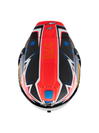 Alpinestars Supertech R10 Miller Limited Edition hjelm, set oppefra, Carbon Red Matt grafik med en central rød stribe, blå stjerner på sorte kulfibersektioner, hvide og blå lyn-detaljer, aerodynamisk racerdesign til banekørsel
