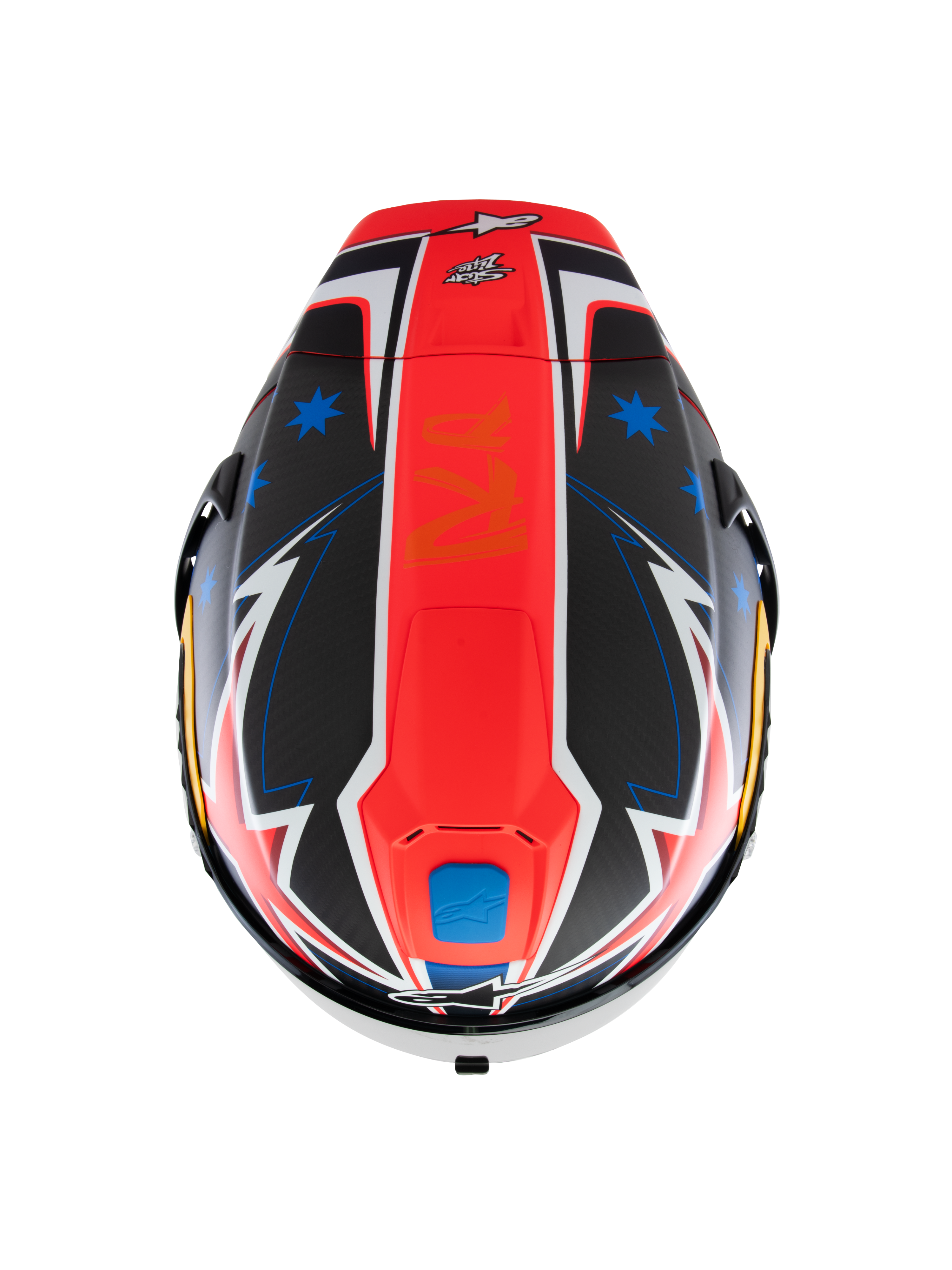 Alpinestars Supertech R10 Miller Limited Edition hjelm, set oppefra, Carbon Red Matt grafik med en central rød stribe, blå stjerner på sorte kulfibersektioner, hvide og blå lyn-detaljer, aerodynamisk racerdesign til banekørsel