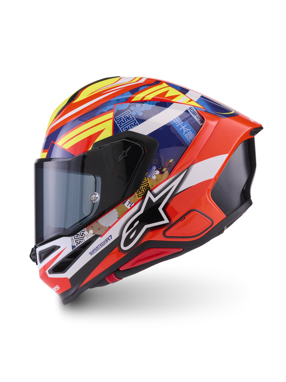 Alpinestars S-R7 Taiyo Furusato Helmet, Full Face Motorcycle Racing Helmet, Red, Blue, White, and Fluorescent Yellow Glossy Graphic, Side Profile View with Tinted Visor, ECE 22.06 Certified