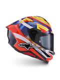 Alpinestars S-R7 Taiyo Furusato Helmet, Full Face Motorcycle Racing Helmet, Red and Blue with Yellow and White graphics, side profile view showing aerodynamic shell and graphic design, ECE 22.06 certified