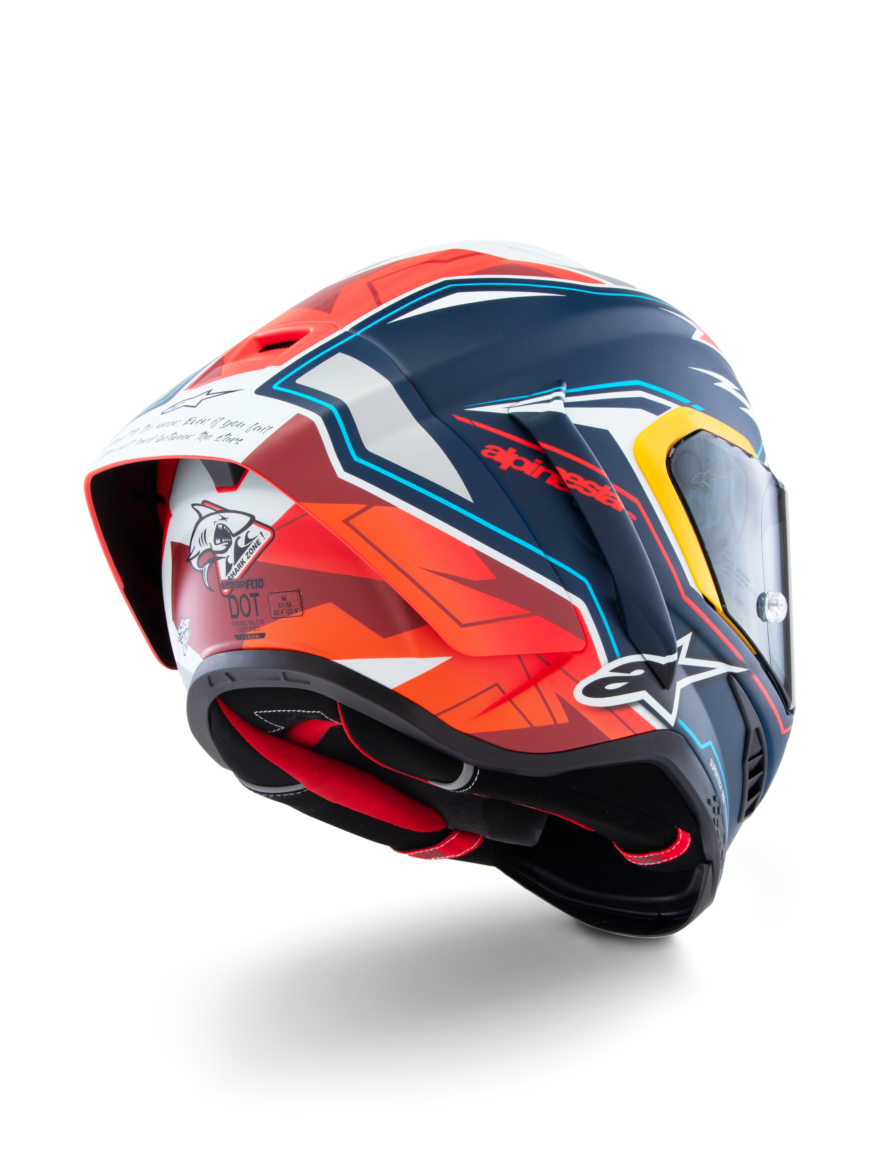 Alpinestars Supertech R10 Acosta Limited Edition Helmet, Rear-quarter view, Blue Red and White Matt finish, featuring aerodynamic spoiler, shark graphic on the back, Alpinestars logos, and DOT certification, high-performance racing motorcycle helmet
