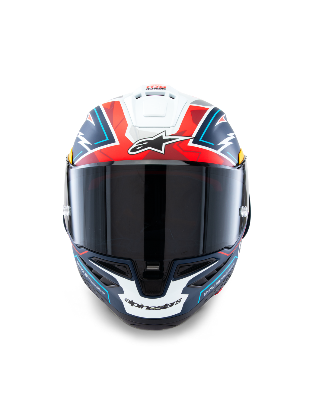 Alpinestars Hjelm Supertech R10 Acosta Begrænset Udgave, motorcykelracinghjelm, blå, rød og hvid, kulfiber, ECE-certificeret, frontbillede