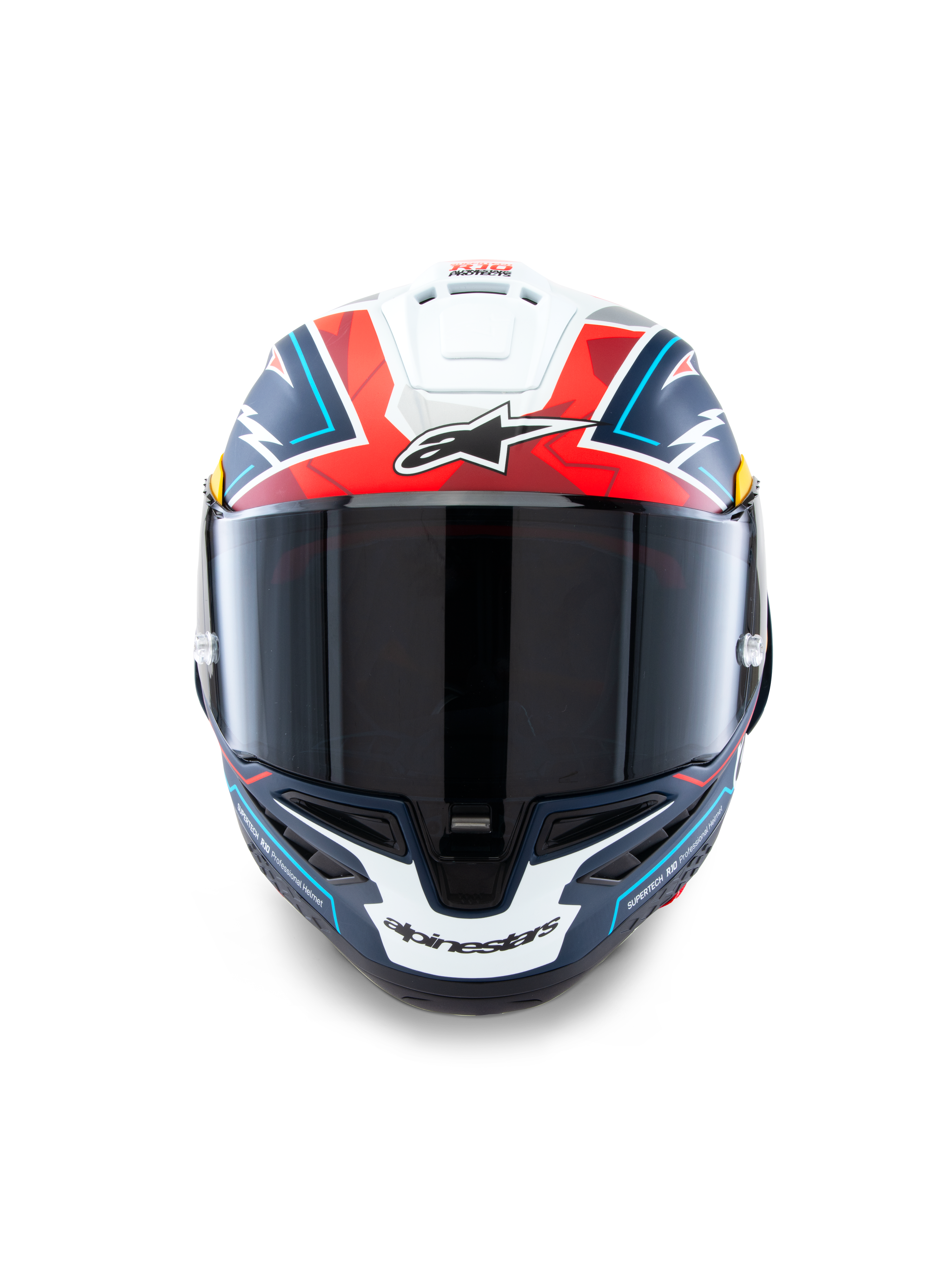 Alpinestars Hjelm Supertech R10 Acosta Begrænset Udgave, motorcykelracinghjelm, blå, rød og hvid, kulfiber, ECE-certificeret, frontbillede