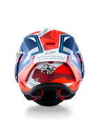 Alpinestars Supertech R10 Acosta Limited Edition hjelm, bagfra visende kulfiberskonstruktion, hajgrafik og DOT-certificering, blå, rød og hvid, motorcykelracerhjelm