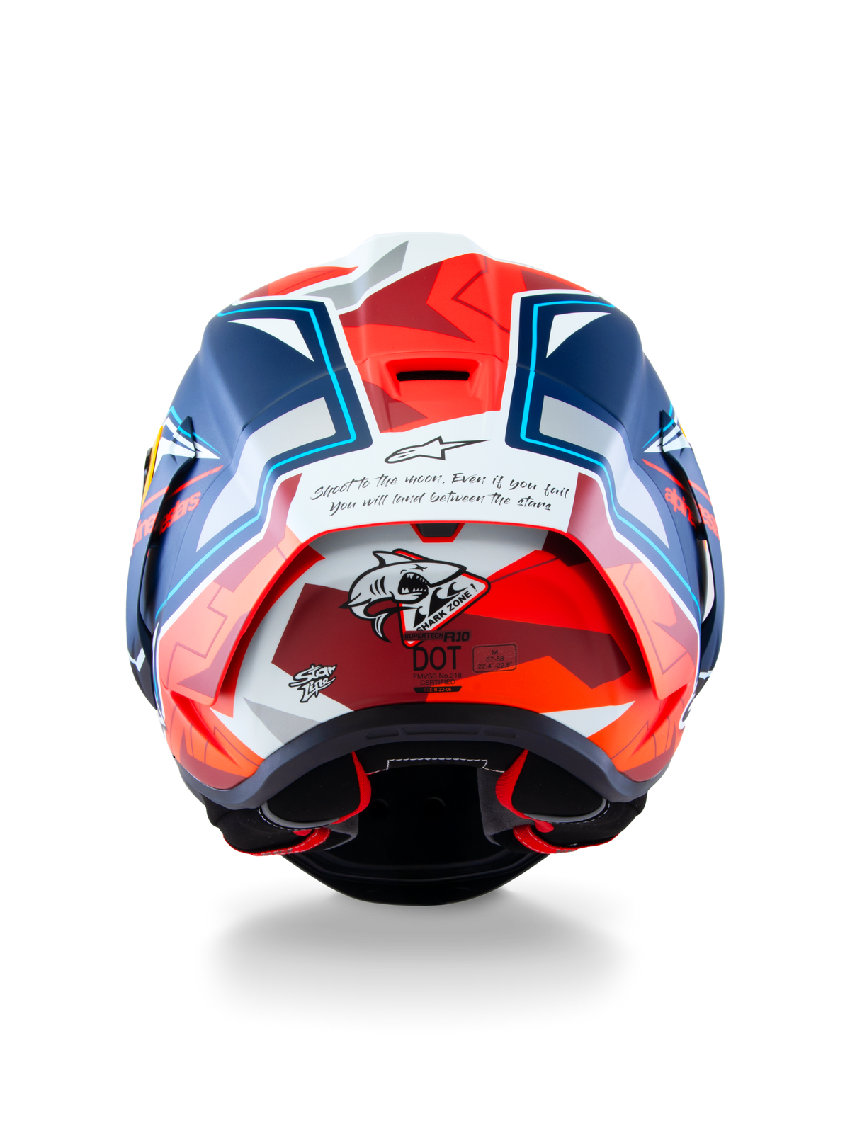 Alpinestars Supertech R10 Acosta Limited Edition hjelm, bagfra visende kulfiberskonstruktion, hajgrafik og DOT-certificering, blå, rød og hvid, motorcykelracerhjelm