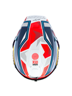 Alpinestars Hjelm Supertech R10 Acosta Begrænset Udgave, topvisning af carbon racerhjelm i blå, rød og hvid med aerodynamisk spoiler, ECE 22.06 og FIM-certificeret
