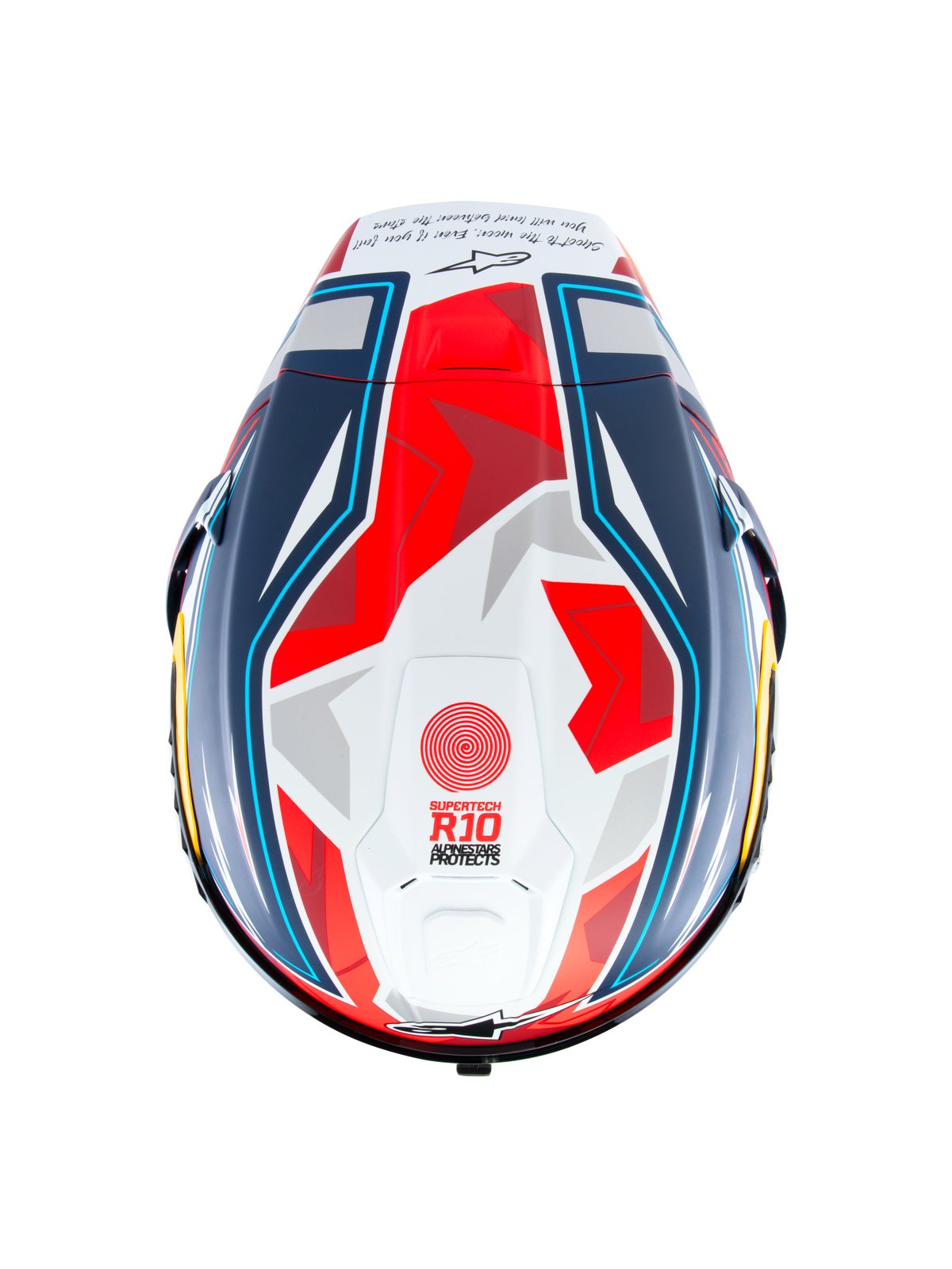 Alpinestars Hjelm Supertech R10 Acosta Begrænset Udgave, topvisning af carbon racerhjelm i blå, rød og hvid med aerodynamisk spoiler, ECE 22.06 og FIM-certificeret