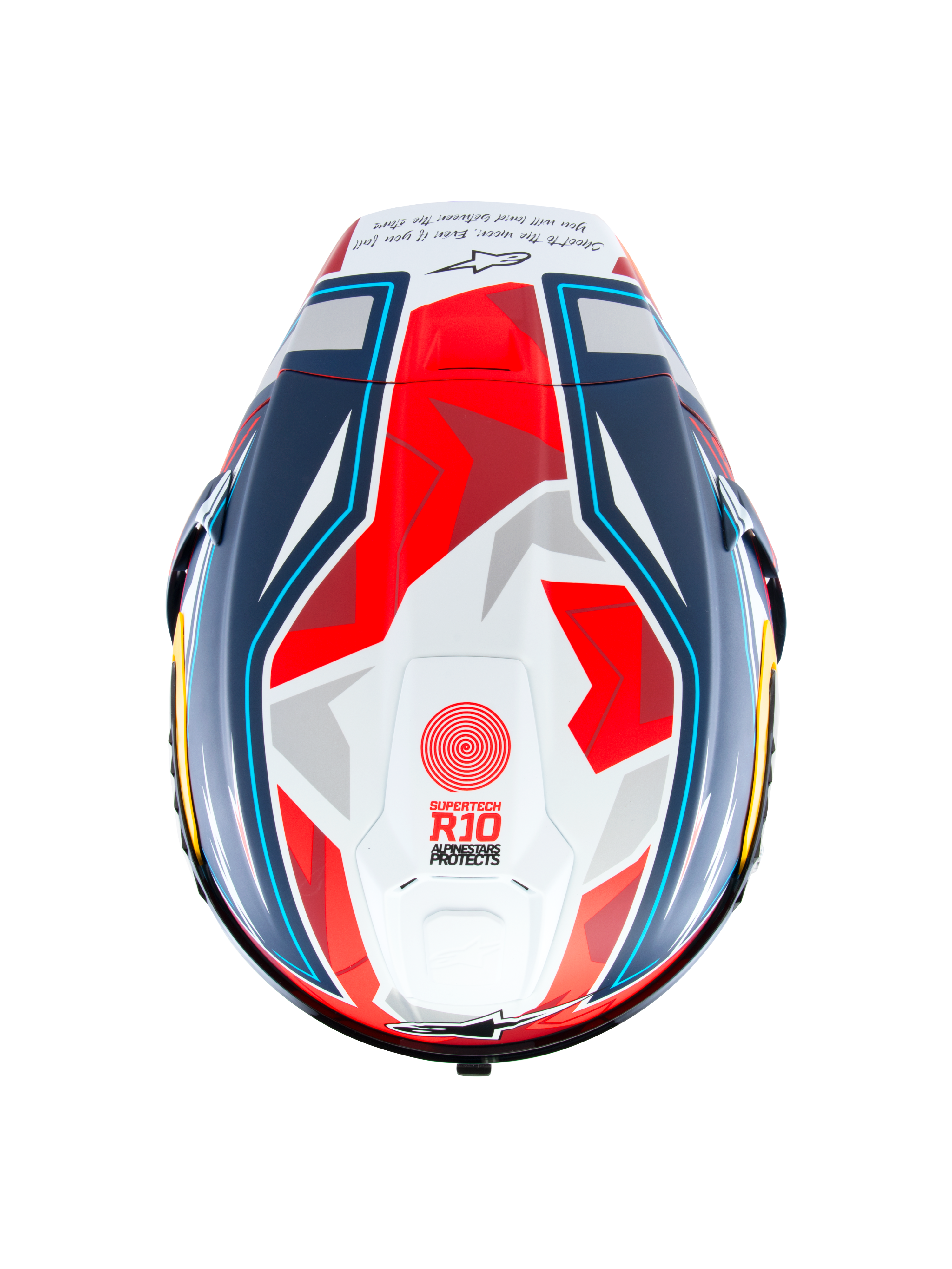 Alpinestars Supertech R10 Acosta Limited Edition Helmet, top view, Blue Red and White Matt, racing motorcycle helmet featuring aerodynamic shell with geometric graphics, 'Supertech R10' branding on crown, and matte finish.