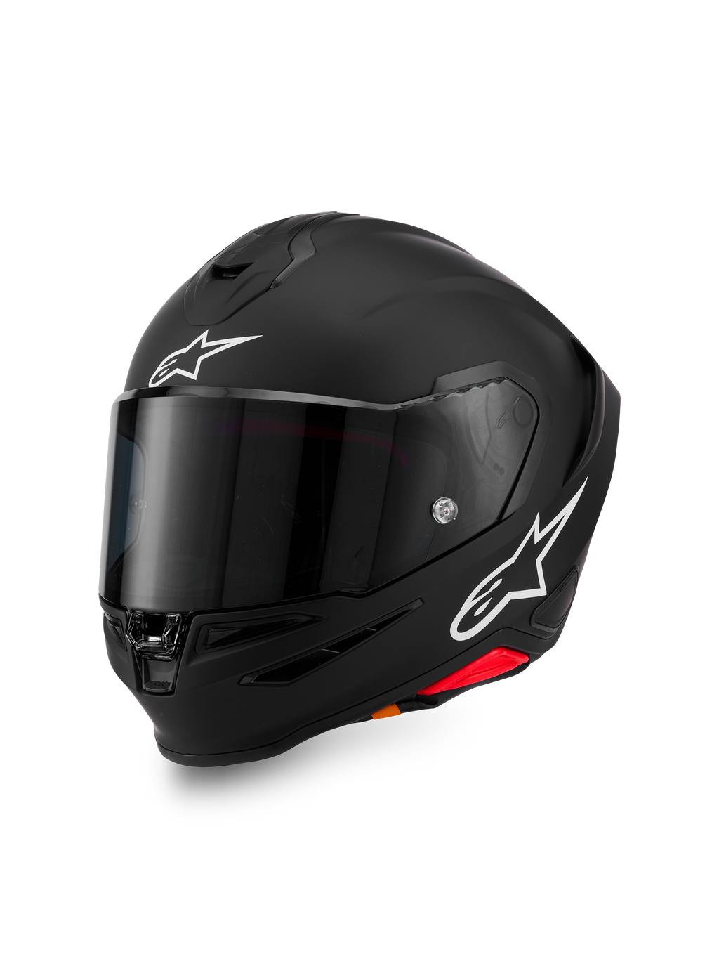 Alpinestars S-R7 Solid hjelm, full-face motorcykelhjelm, matsort med hvide A-star-logoer på panden og siden, mørkt tonet visir, aerodynamisk skaldesign til racing og sportskørsel