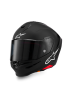Alpinestars S-R7 Solid hjelm, full-face motorcykelhjelm, matsort med hvide A-star-logoer på panden og siden, mørkt tonet visir, aerodynamisk skaldesign til racing og sportskørsel