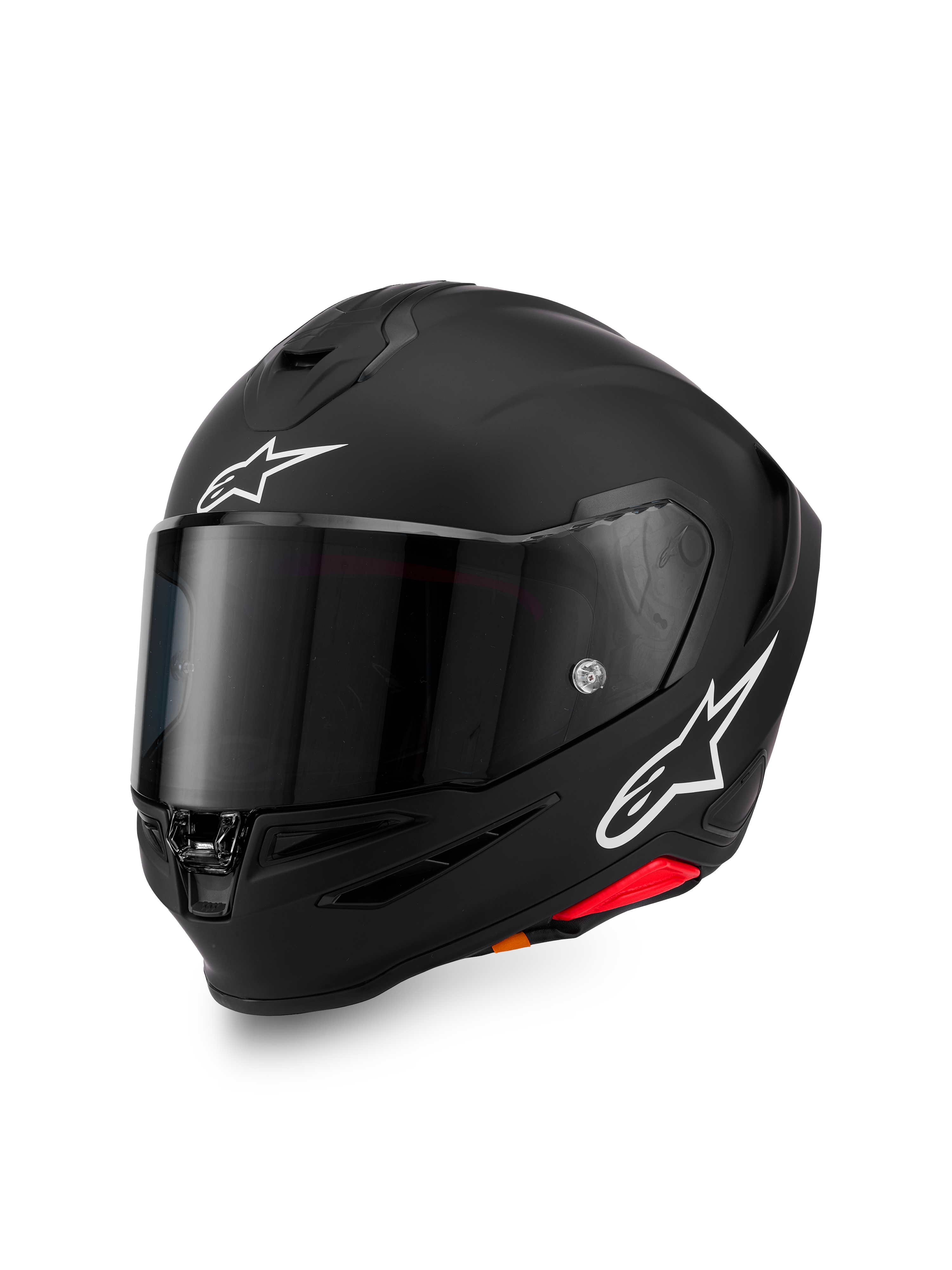 Alpinestars S-R7 Solid hjelm, full-face motorcykelhjelm, matsort med hvide A-star-logoer på panden og siden, mørkt tonet visir, aerodynamisk skaldesign til racing og sportskørsel