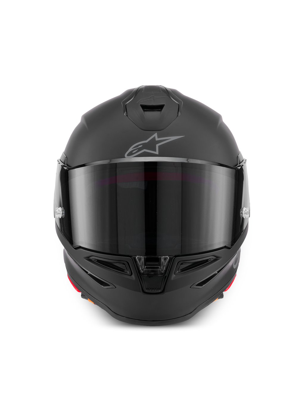 Alpinestars S-R7 Solid hjelm, full-face motorcykelhjelm i Black Matte, set forfra med aerodynamisk skal, mørkt visir, integrerede hage- og topventiler og det karakteristiske Astar-logo på panden.