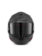 Alpinestars S-R7 Solid hjelm, full-face motorcykelhjelm i Black Matte, set forfra med aerodynamisk skal, mørkt visir, integrerede hage- og topventiler og det karakteristiske Astar-logo på panden.