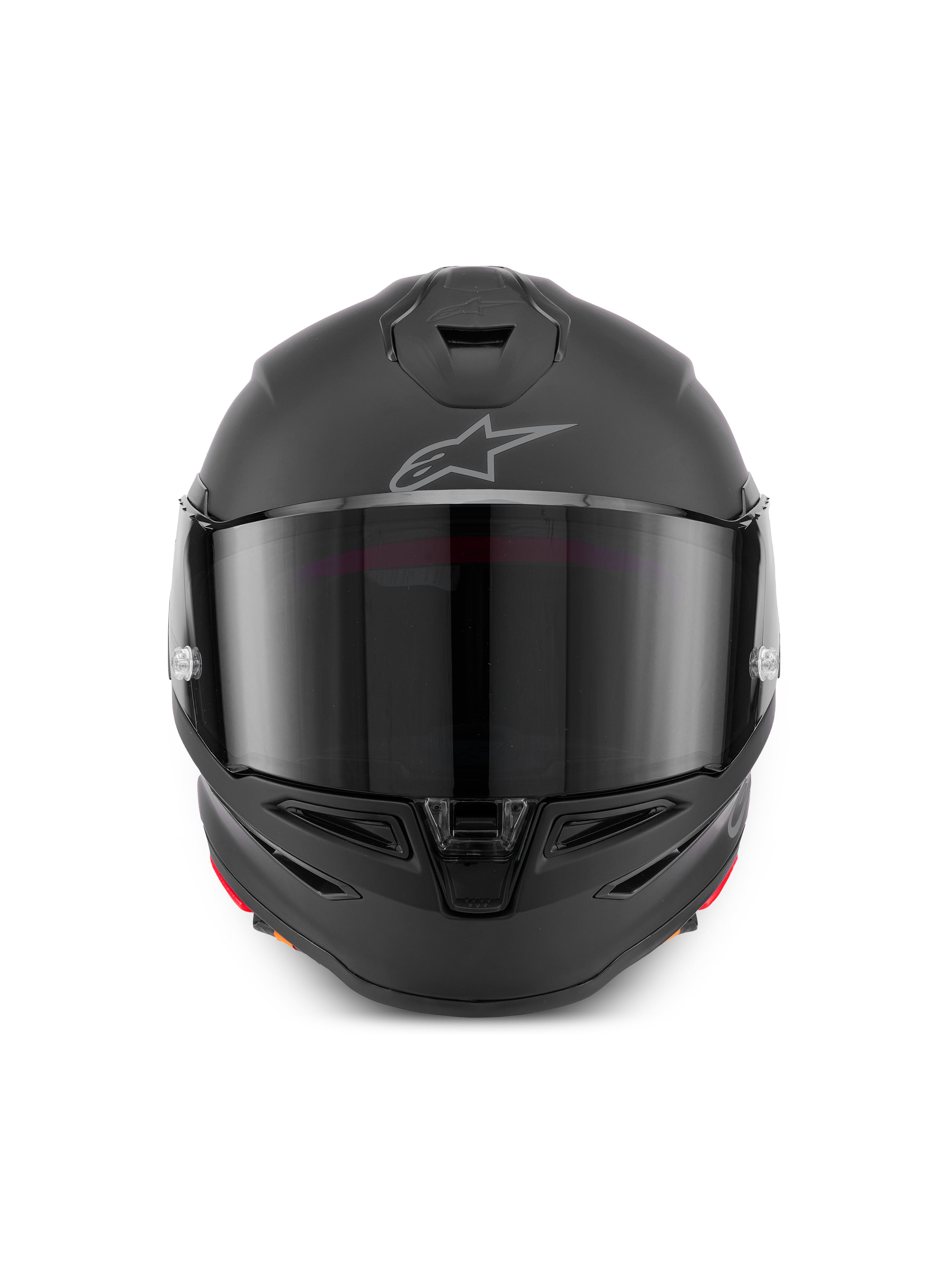 Alpinestars S-R7 Solid hjelm, full-face motorcykelhjelm i Black Matte, set forfra med aerodynamisk skal, mørkt visir, integrerede hage- og topventiler og det karakteristiske Astar-logo på panden.