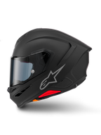 Alpinestars S-R7 Solid hjelm, fuldhjelm til motorcykel, mat sort, sideprofil, med sølvfarvet Astars-logo på siden, aerodynamisk design med integreret spoiler og hageventiler, samt røde og orange detaljer nederst.