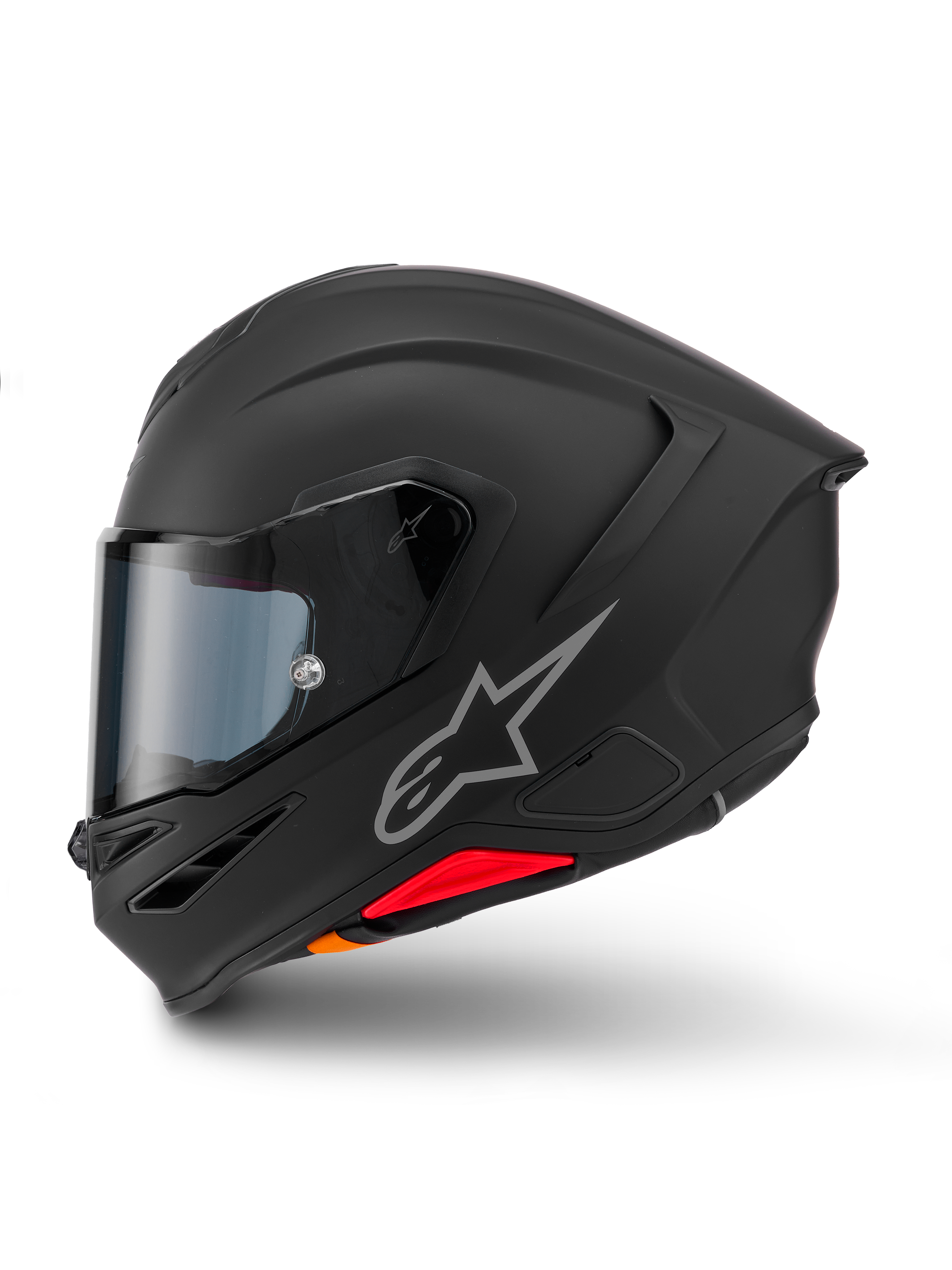 Alpinestars S-R7 Solid hjelm, fuldhjelm til motorcykel, mat sort, sideprofil, med sølvfarvet Astars-logo på siden, aerodynamisk design med integreret spoiler og hageventiler, samt røde og orange detaljer nederst.