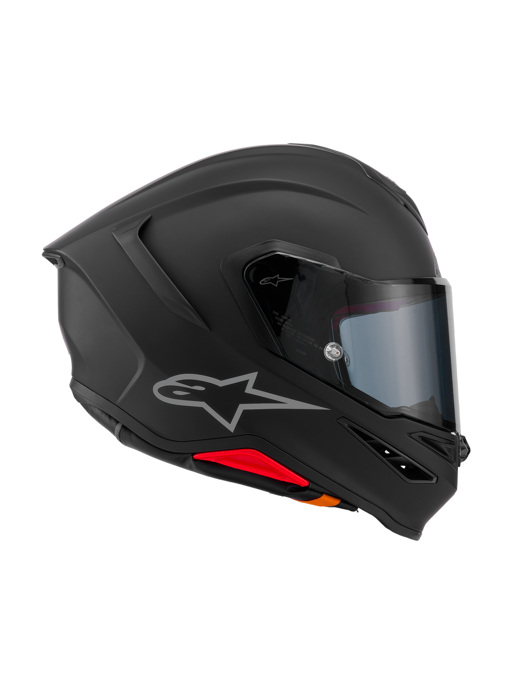 Alpinestars S-R7 Solid hjelm, helhjelm til motorcykel, matsort, sideprofil der viser aerodynamisk kulstofkompositskal, integreret bagspoiler, sølvfarvet Astars-logo, klart visir og ventilationsåbninger, racing- og sportskørselsudstyr
