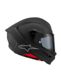 Alpinestars S-R7 Solid hjelm, helhjelm til motorcykel, matsort, sideprofil der viser aerodynamisk kulstofkompositskal, integreret bagspoiler, sølvfarvet Astars-logo, klart visir og ventilationsåbninger, racing- og sportskørselsudstyr