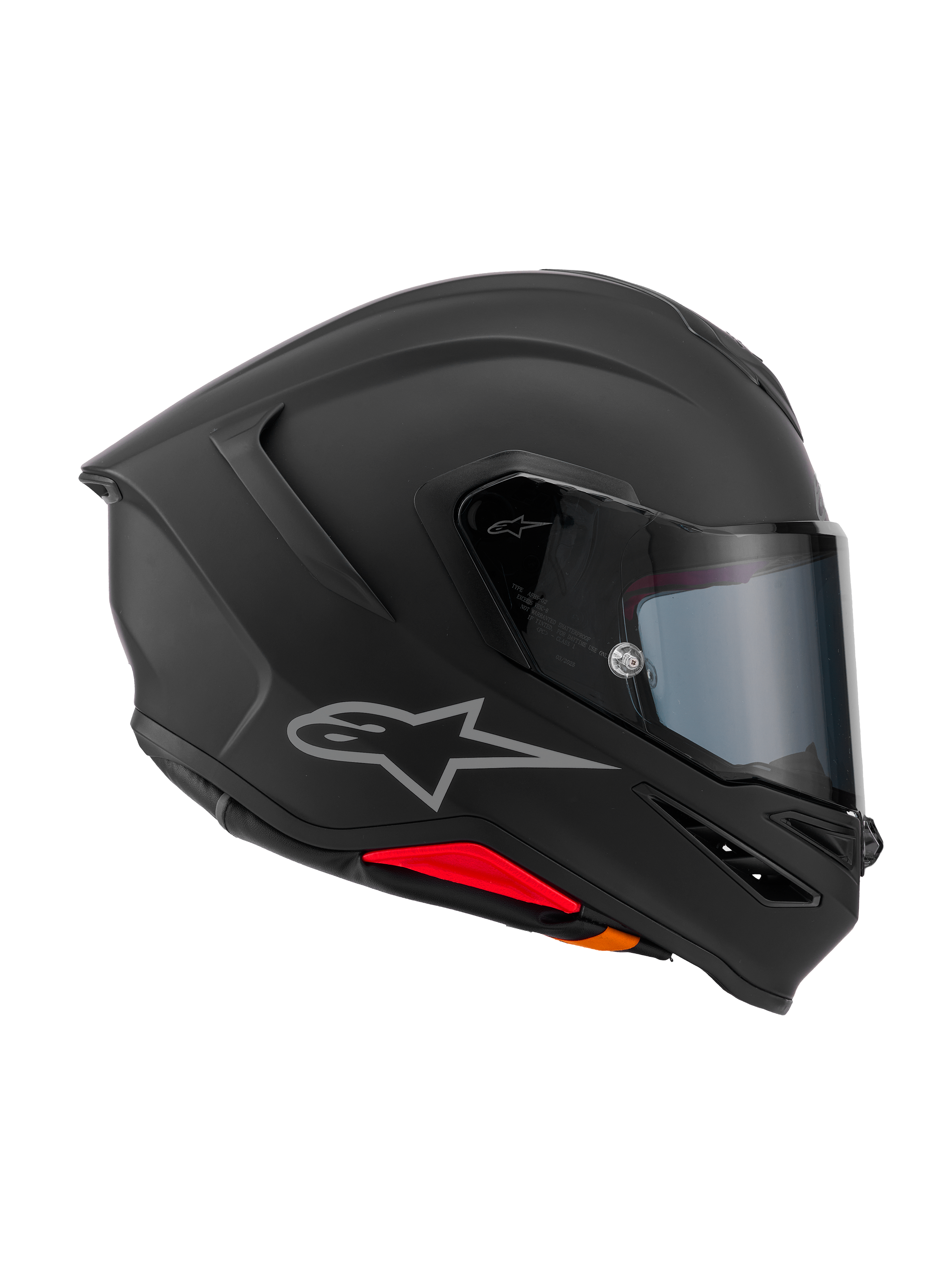 Alpinestars S-R7 Solid hjelm, helhjelm til motorcykel, matsort, sideprofil der viser aerodynamisk kulstofkompositskal, integreret bagspoiler, sølvfarvet Astars-logo, klart visir og ventilationsåbninger, racing- og sportskørselsudstyr