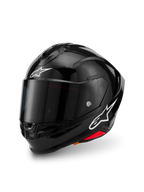 Alpinestars S-R7 Solid hjelm, Black Glossy, full-face motorcykelhjelm med kulfiberkompositskal, hvide stjernelogoer på panden og siden, aerodynamisk design med integreret spoiler og ventilationsåbninger