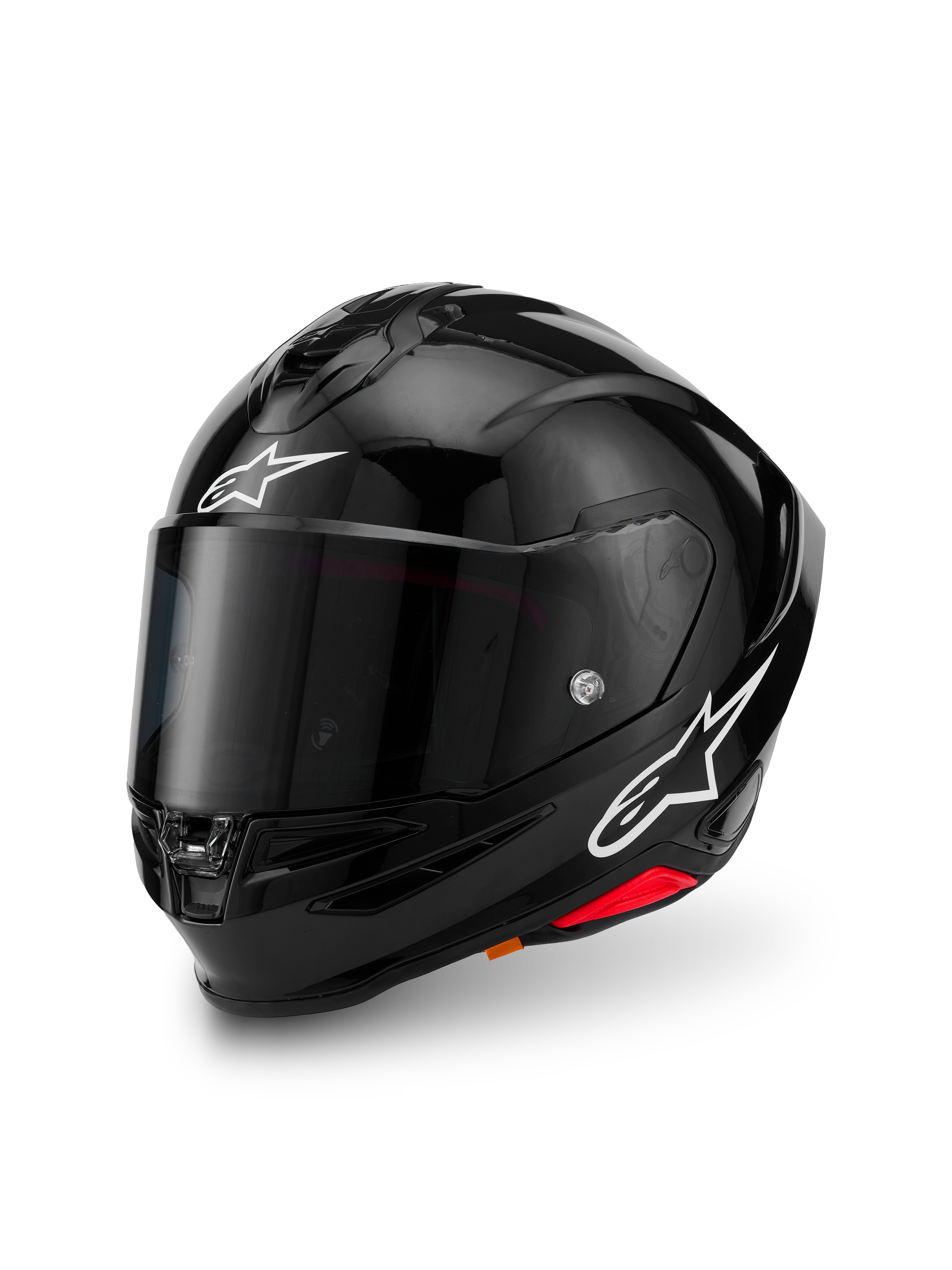 Alpinestars S-R7 Solid hjelm, Black Glossy, full-face motorcykelhjelm med kulfiberkompositskal, hvide stjernelogoer på panden og siden, aerodynamisk design med integreret spoiler og ventilationsåbninger
