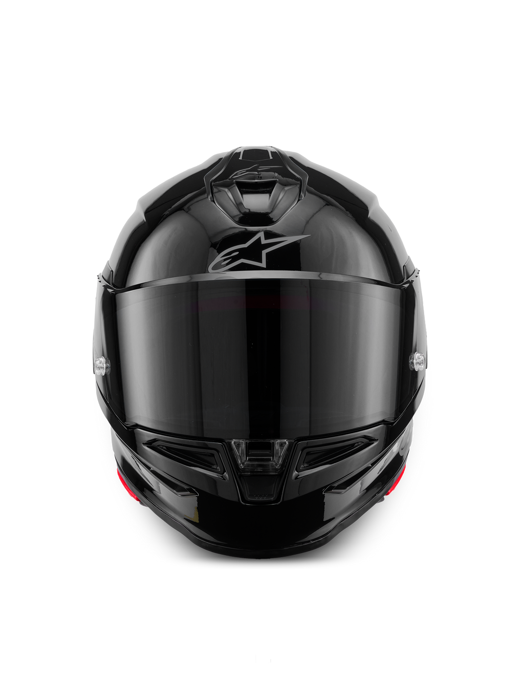 Alpinestars S-R7 Solid hjelm, full-face motorcykelhjelm, sort blank, set forfra med et mørkt tonet visir, strømlinet aerodynamisk skal med hage- og topventilation, diskret sølvfarvet Alpinestars-logo på panden.