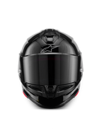 Alpinestars S-R7 Solid hjelm, full-face motorcykelhjelm, sort blank, set forfra med et mørkt tonet visir, strømlinet aerodynamisk skal med hage- og topventilation, diskret sølvfarvet Alpinestars-logo på panden.