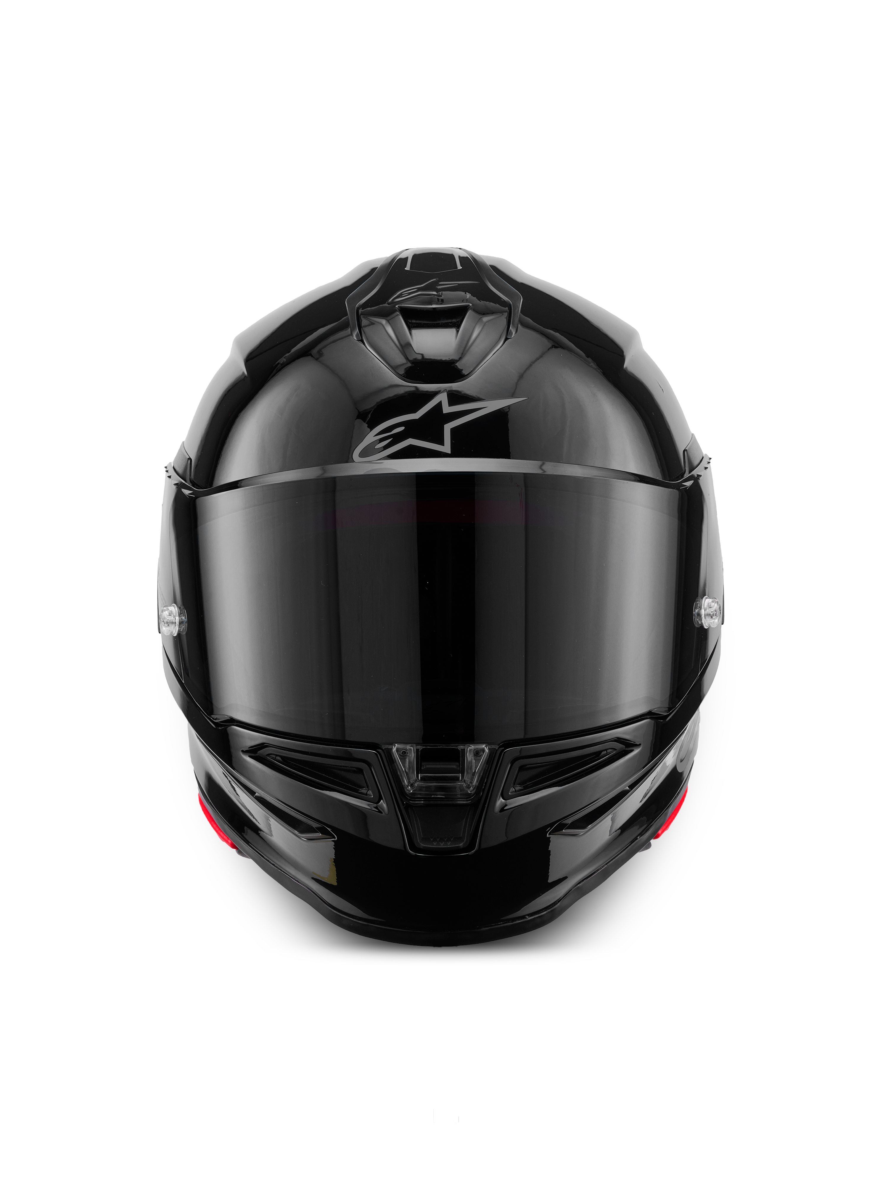 Alpinestars S-R7 Solid hjelm, full-face motorcykelhjelm, sort blank, set forfra med et mørkt tonet visir, strømlinet aerodynamisk skal med hage- og topventilation, diskret sølvfarvet Alpinestars-logo på panden.