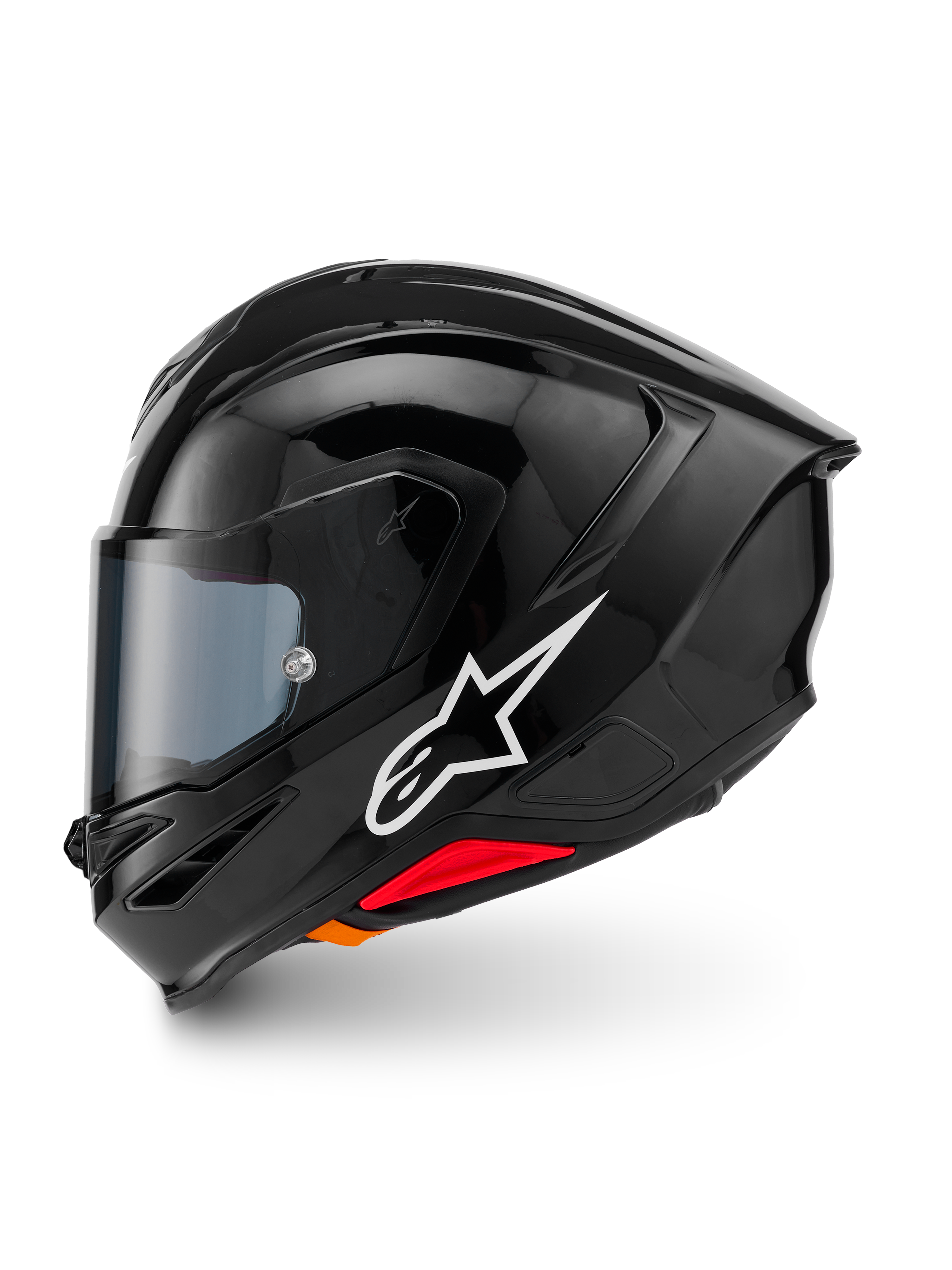 Alpinestars S-R7 Solid hjelm, helhjelm til motorcykel, blank sort, profilvisning fra venstre side med hvidt Alpinestars-logo, aerodynamisk skal med integreret spoiler, tonet visir og røde nødudløsningsdetaljer.