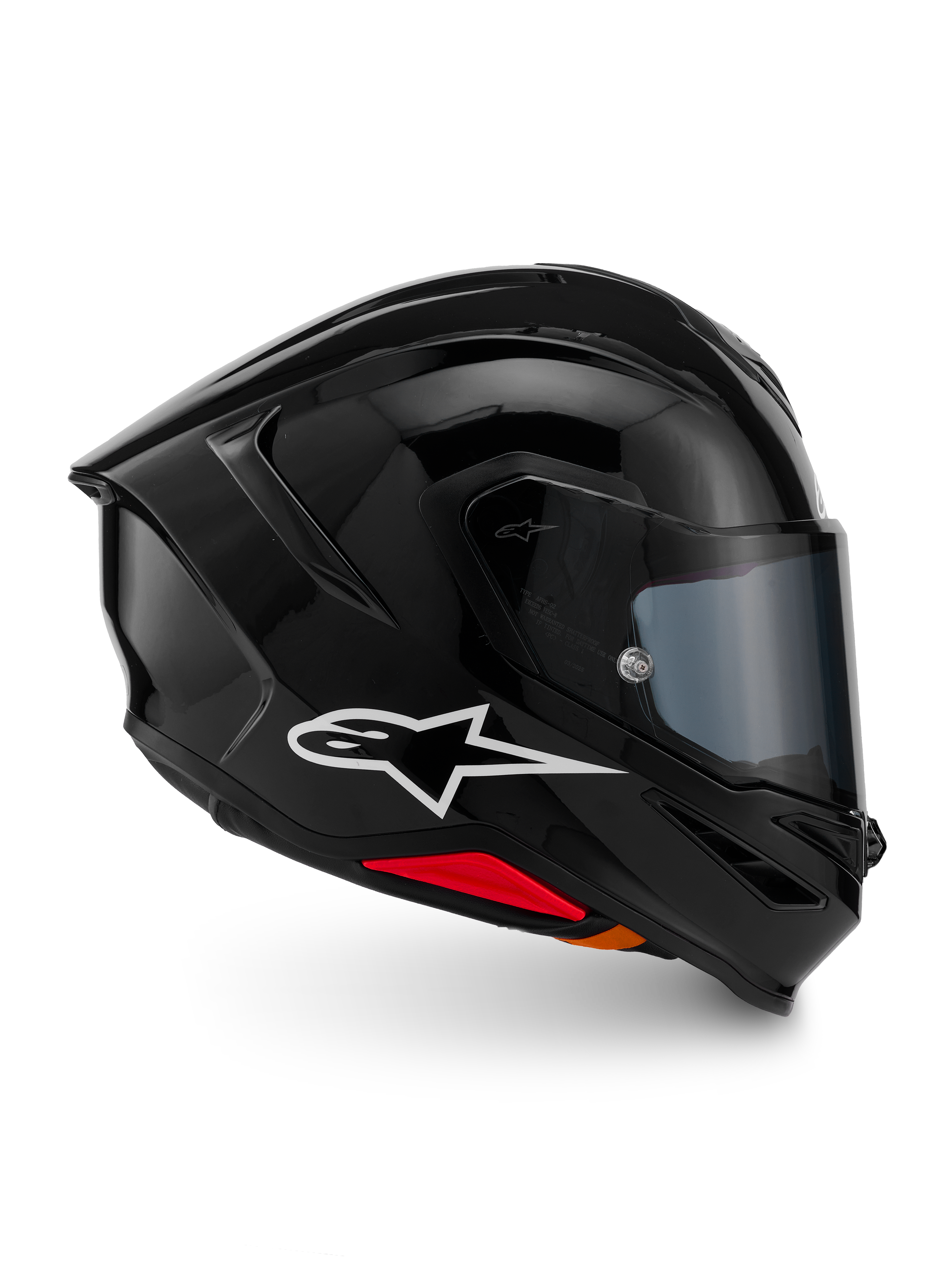 Alpinestars S-R7 Solid hjelm, full-face motorcykelhjelm, blank sort, profilvisning med et hvidt A-star-logo, strømlinet aerodynamisk skal med integreret spoiler og røde detaljer ved bunden, designet til racing og sportspræstationer.