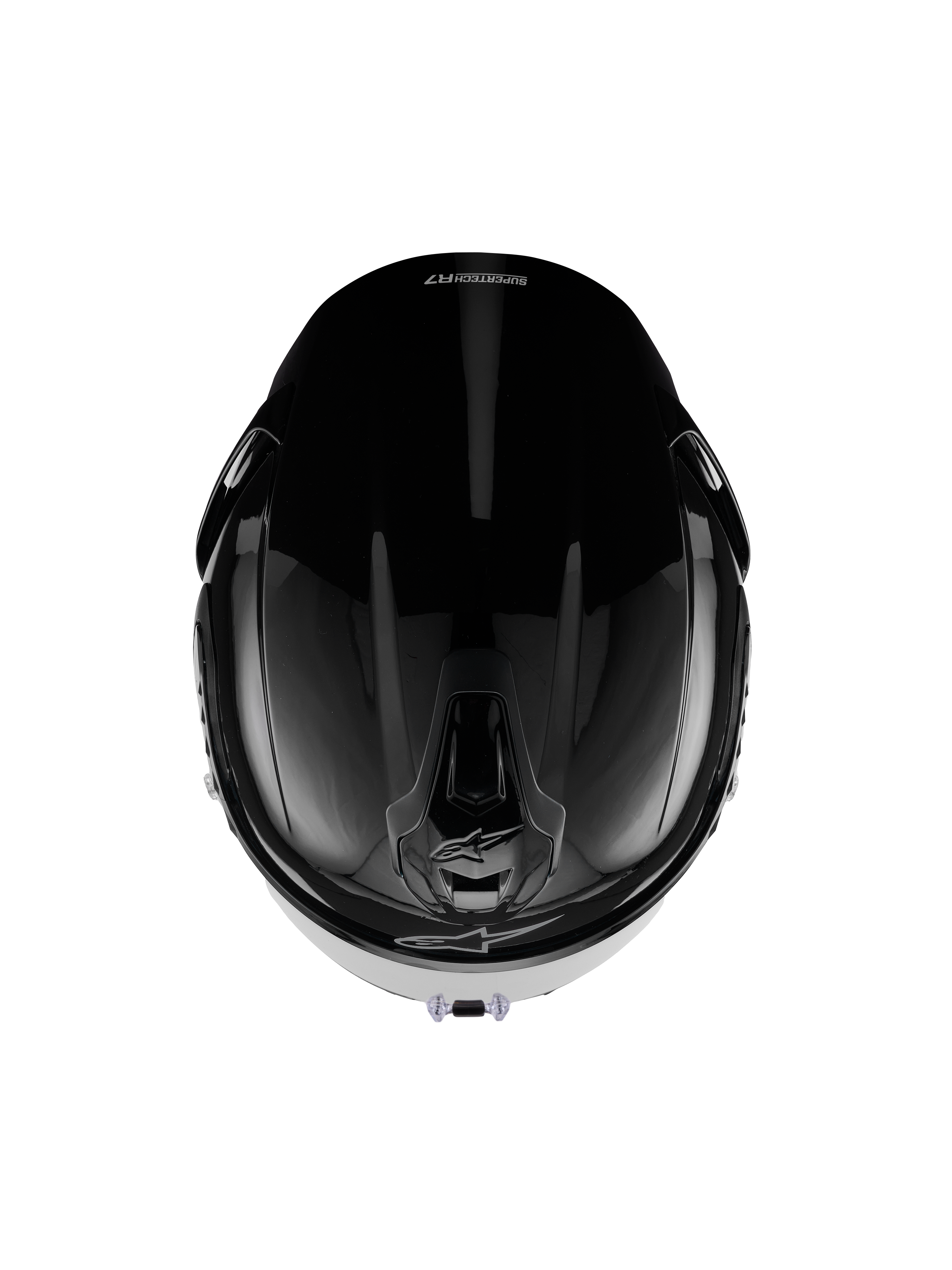 Alpinestars S-R7 Solid hjelm, full-face motorcykelhjelm, sort blank, set oppefra, der viser aerodynamisk skal, ventilationsåbninger og en elegant blank finish
