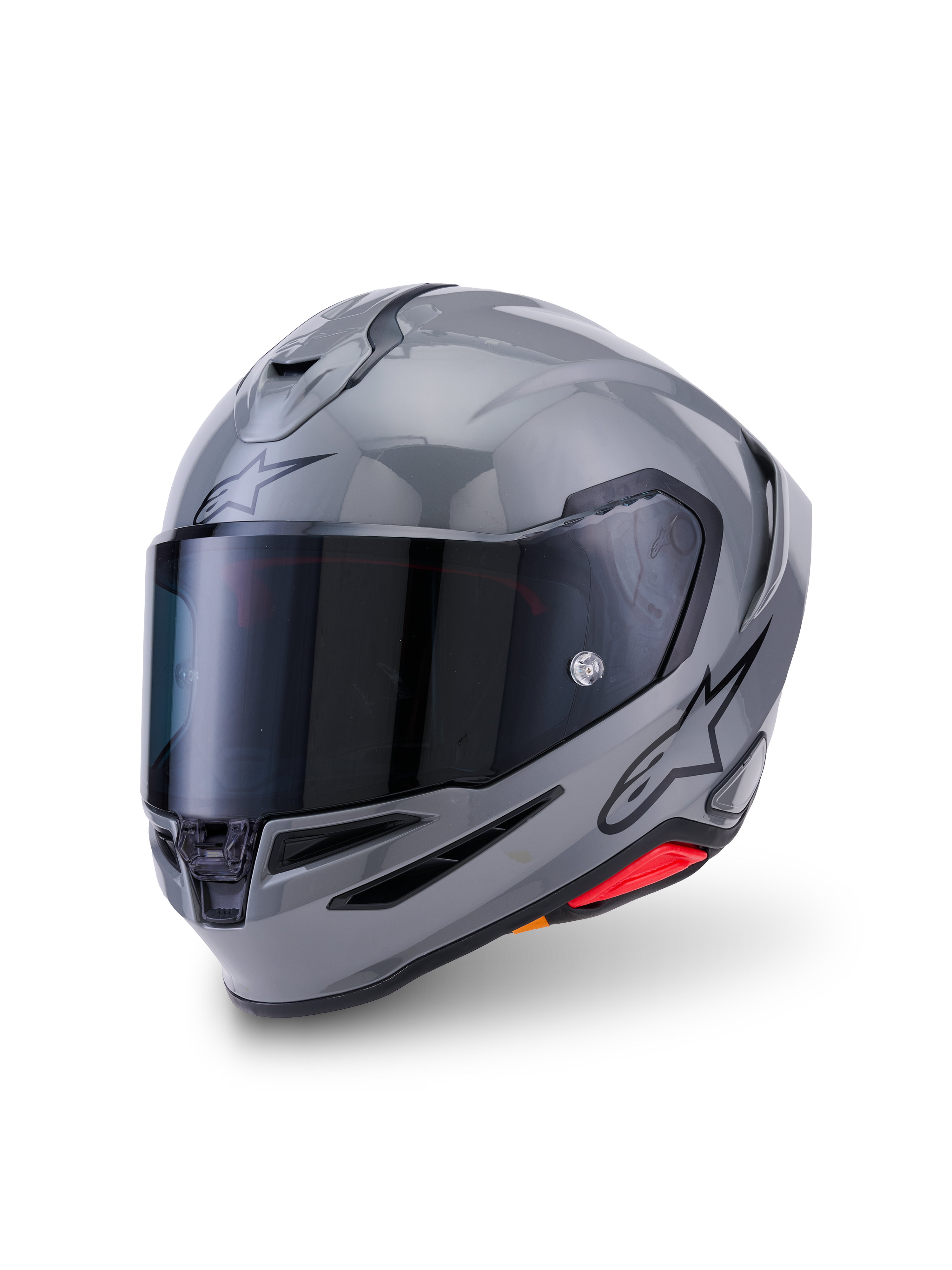 Alpinestars S-R7 Solid hjelm, full-face motorcykelhjelm, Gray Glossy, med mørkt tonet visir, aerodynamisk skal med integreret spoiler, ventilationsåbninger og sort Alpinestars-logo på siden