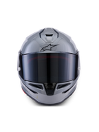 Alpinestars S-R7 Solid hjelm, full-face motorcykelhjelm, grå glossy, set forfra med mørkt tonet visir, sort A-star logo på panden, aerodynamisk skal med integreret ventilation, designet til racing og sportspræstationer.