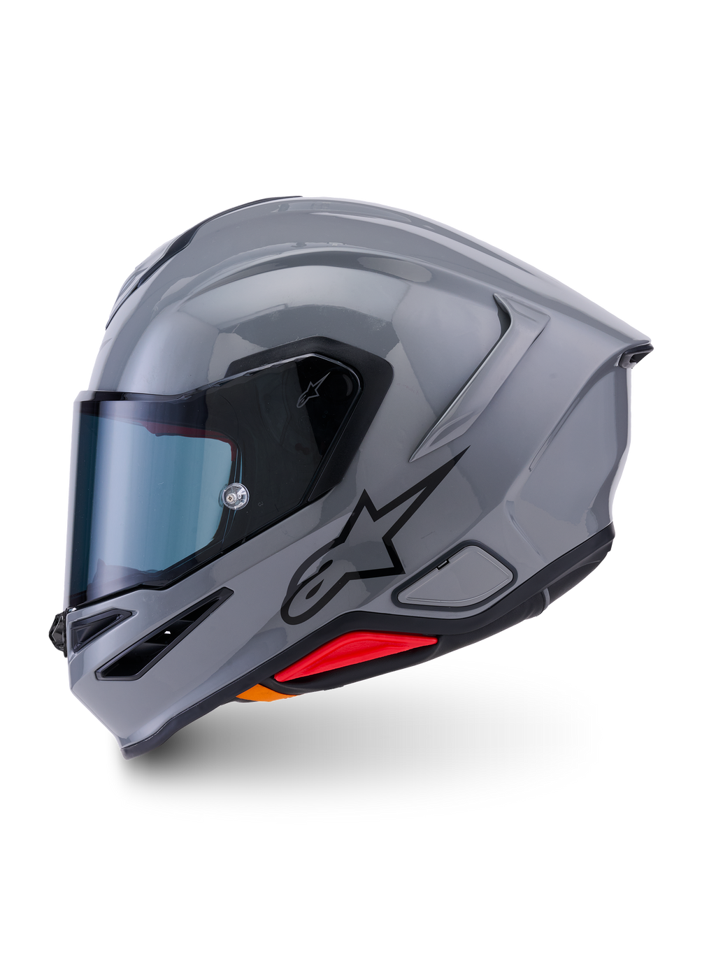 Alpinestars S-R7 Solid hjelm, full-face motorcykelhjelm, Gray Glossy, sideprofil med strømlinet aerodynamisk design, integreret spoiler, sort stjernelogo og rød accent nederst