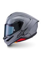 Alpinestars S-R7 Solid hjelm, full-face motorcykelhjelm, Gray Glossy, sideprofil med strømlinet aerodynamisk design, integreret spoiler, sort stjernelogo og rød accent nederst