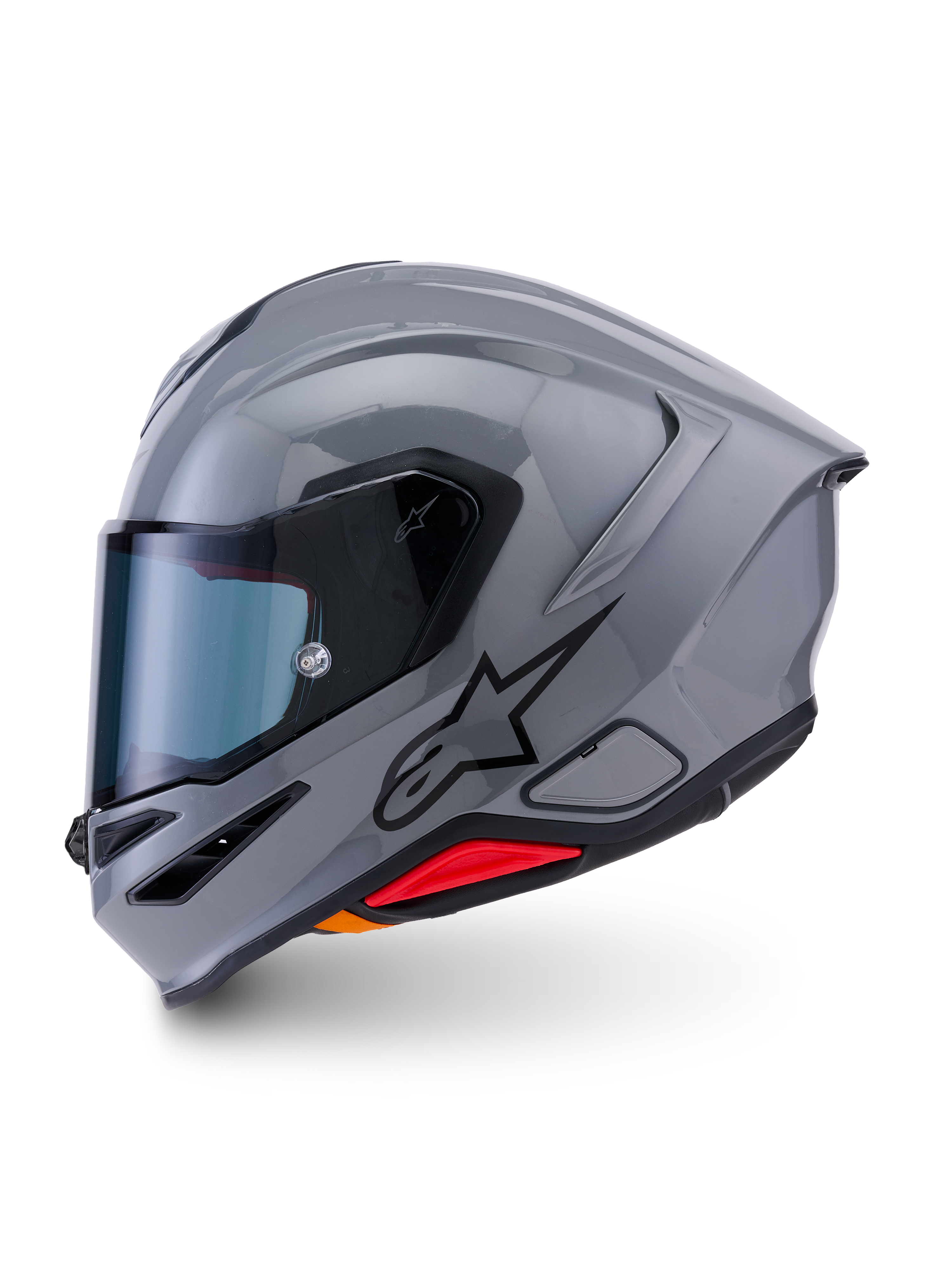Alpinestars S-R7 Solid hjelm, full-face motorcykelhjelm, Gray Glossy, sideprofil med strømlinet aerodynamisk design, integreret spoiler, sort stjernelogo og rød accent nederst