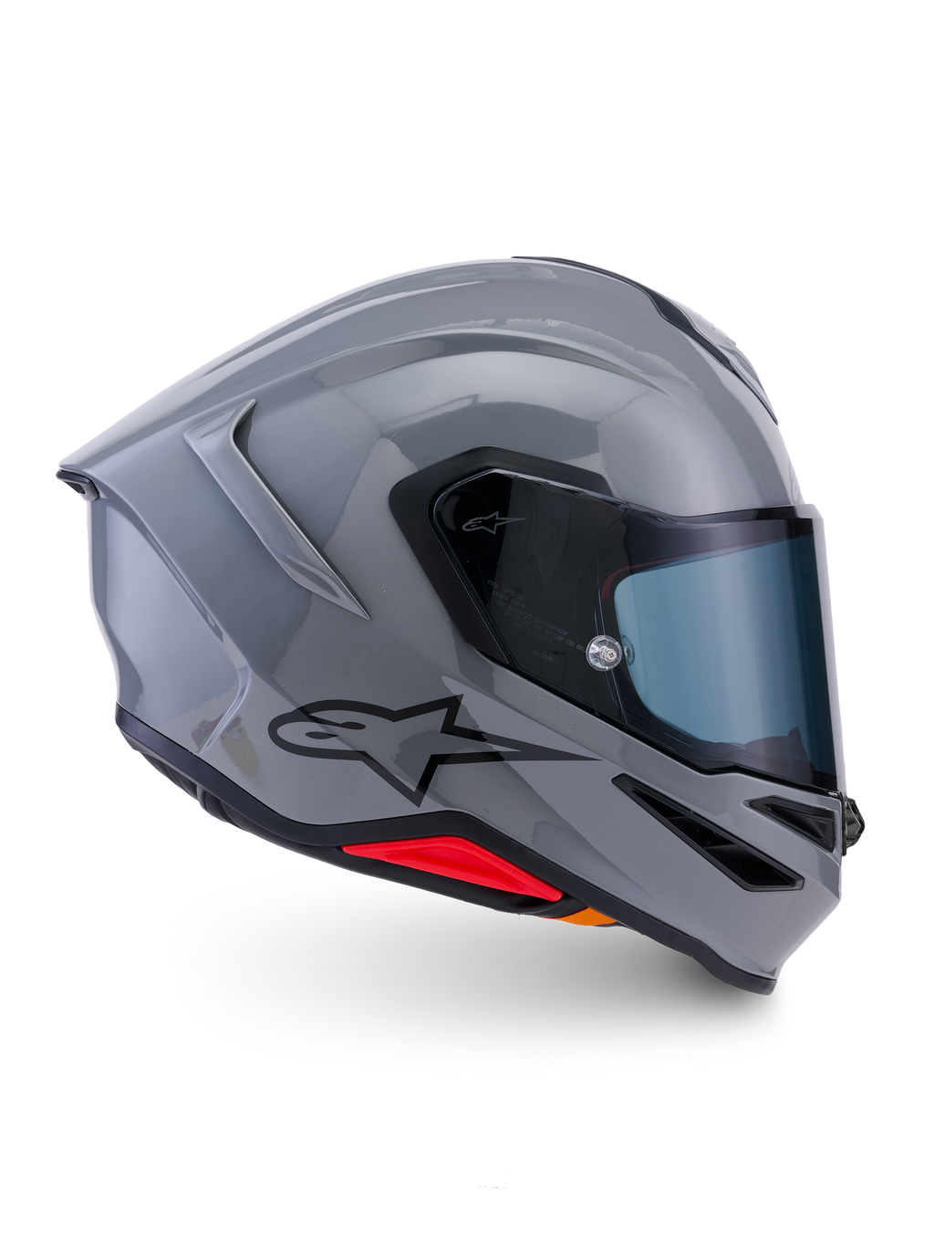 Alpinestars S-R7 Solid hjelm, full-face motorcykelhjelm, blank grå, sideprofil, blank grå aerodynamisk skal med sort logo og røde detaljer ved bunden, højtydende racing- og sportskørselsudstyr